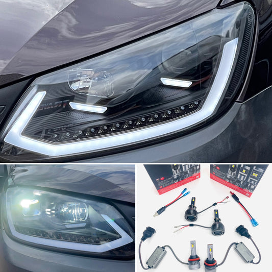 VW Caddy MK3 DRL headlights with dynamic indicators 10-15 (Includes LED dipped & main beam bulbs)